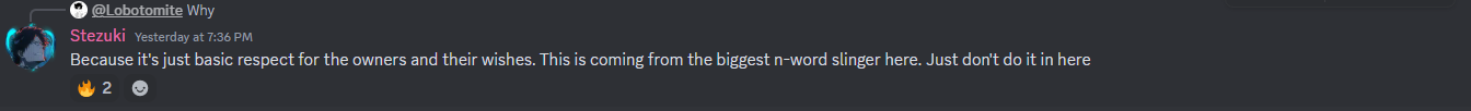 A Discord screenshot demonstrating the importance of not saying slurs in Double Dash!!